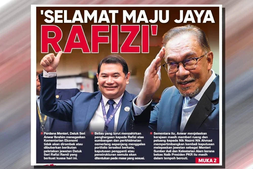 Laporan muka depan Sinar Harian pada Selasa mengenai pengunduran Rafizi sebagai Menteri Ekonomi.
