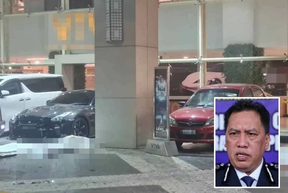 Keadaan di lokasi dua lelaki ditembak di depan pusat beli Dua lelaki maut ditembak di depan pusat beli-belah di Cheras, di sini, pada Selasa. (Gambar kecil: Rusdi)