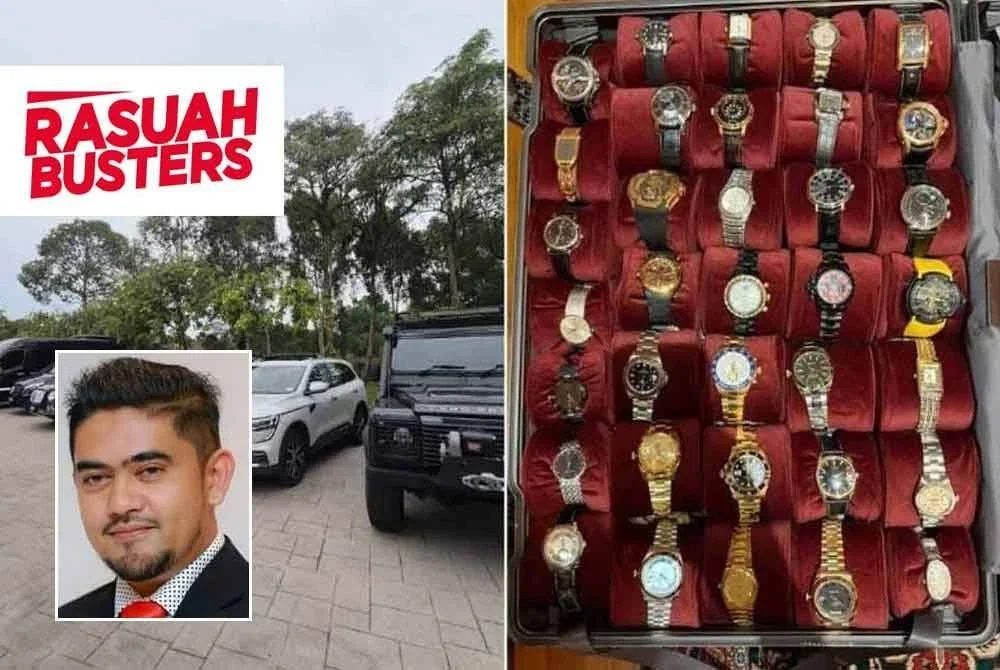 Antara kenderaan mewah yang disita SPRM untuk siasatan kes penyelewengan dana pembinaan lebuh raya. Gambar kanan: Antara jam tangan yang disita SPRM untuk siasatan kes penyelewengan pembinaan lebuh raya. Gambar kecil: Halmey