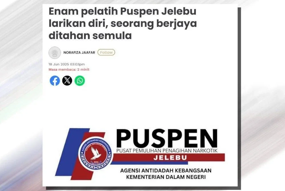 Laporan Sinar Harian mengenai enam pelatih Puspen Jelebu yang melarikan diri dari pusat tersebut.