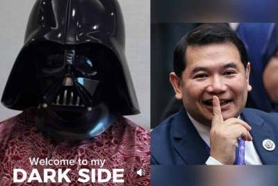 Rafizi memakai topi keledar watak jahat Darth Vader dalam siri Star Wars, ‘The Empire Strikes Back’ yang dihadiahkan salah seorang kakitangannya.