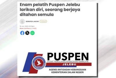 Laporan Sinar Harian mengenai enam pelatih Puspen Jelebu yang melarikan diri dari pusat tersebut.