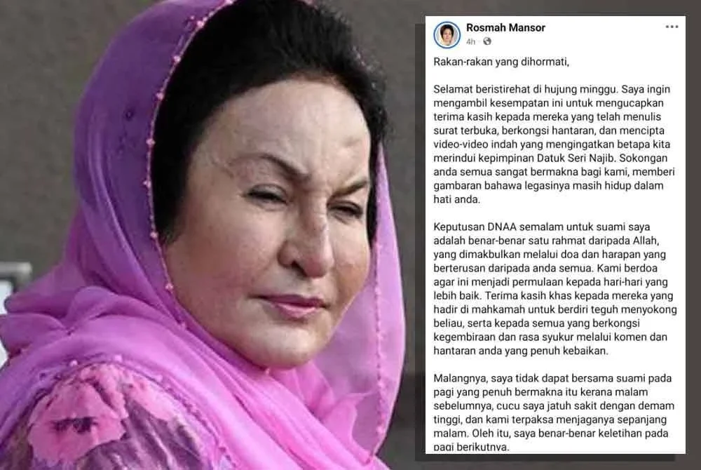Rosmah melahirkan rasa syukur dan terima kasih kepada semua pihak yang sentiasa menyokong dan mendoakan kesejahteraan Najib.