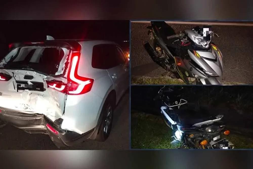 Keadaan Honda CRV dan motosikal yang terlibat dalam kemalangan terbabit