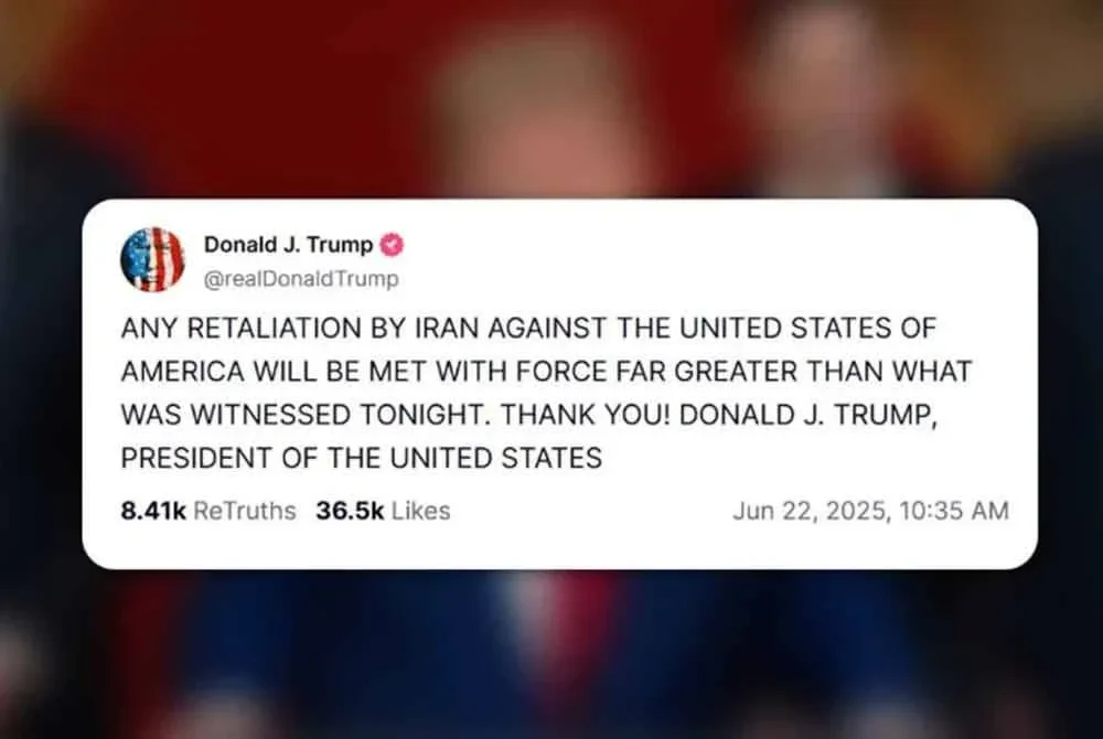 Donald Trump memberi amaran kepada Iran agar tidak melakukan sebarang 'tindakan balas' selepas tentera Amerika Syarikat (AS) menyerang tiga lokasi utama nuklear negara itu.