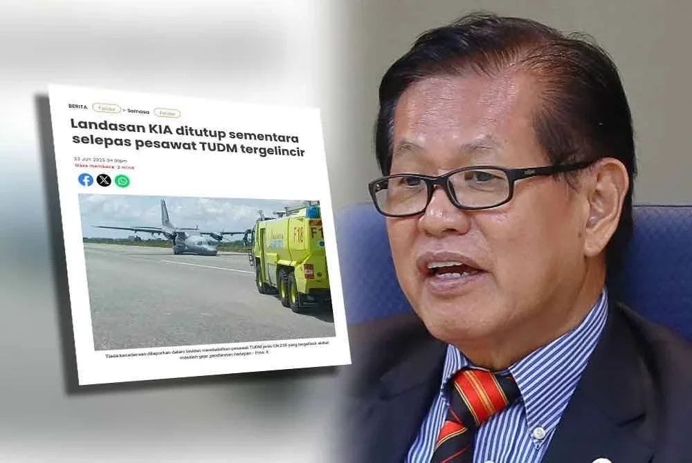 Laporan Sinar Harian berhubung landasan KIA ditutup sementara selepas pesawat TUDM tergelincir. Gambar kanan: Lee Kim Shin