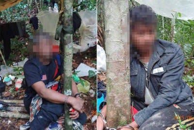 Dua warga Kemboja ditahan dalam Ops Telah selepas didapati menceroboh kawasan Taman Negeri Kenyir tanpa permit sah. FOTO: MPTN