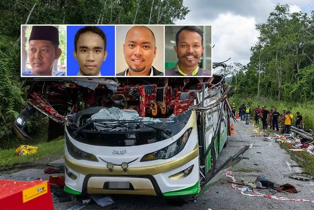 Keadaan bas yang terbabit dalam kemalangan ngeri yang meragut 15 nyawa penuntut Universiti Pendidikan Sultan Idris (UPSI) di KM53 Jalan Raya Timur-Barat (JRTB) dekat Gerik, baru-baru ini. Gambar kecil dari kiri: Khairul Akmal, Ahmad Fitri, Mohamad Syafiq, Ahmad Darwis
