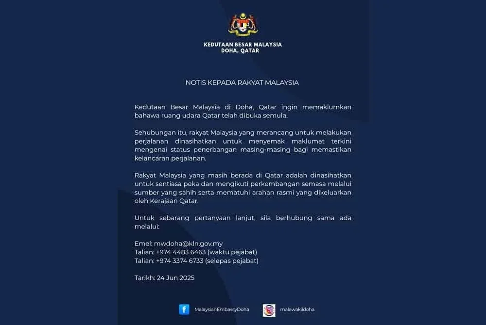 Kenyataan media yang dikeluarkan Kedutaan Besar Malaysia di Doha, Qatar.