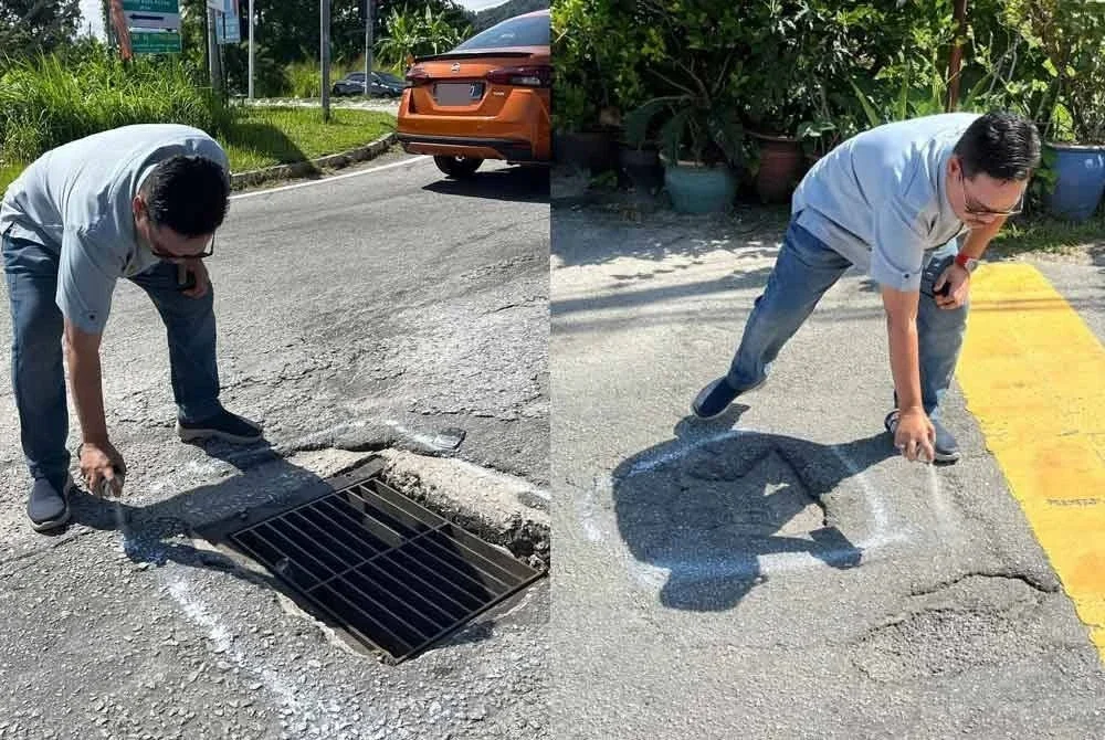 Mazlan mengambil inisiatif sendiri dengan menyemburkan cat berwarna putih di jalan yang berisiko dan memerlukan pembaikan.