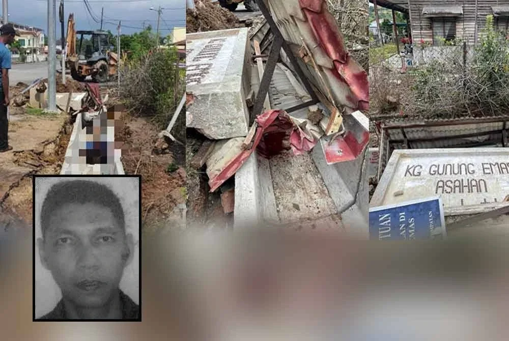 Tembok konkrit tertera nama kampung yang runtuh dan menghempap mangsa. Gambar kecil: Nazri