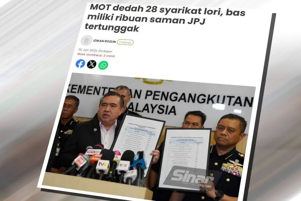 Laporan Sinar Harian mengenai pendedahan MOT terdapat 28 syarikat kenderaan barangan dan syarikat pengendali bas ekspres direkodkan masing-masing mempunyai lebih 1,000 dan 200 saman tertunggak aktif JPJ.