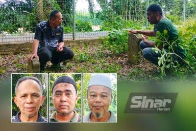 Shahrul Nizam (kanan) dan Razak melihat kubur yang terletak berhampiran jalan utama dan tebing sungai. Foto Sinar Harian, gambar kecil dari kiri: Razak Daud, Shahrul Nizam, Zulkifli Mahmud