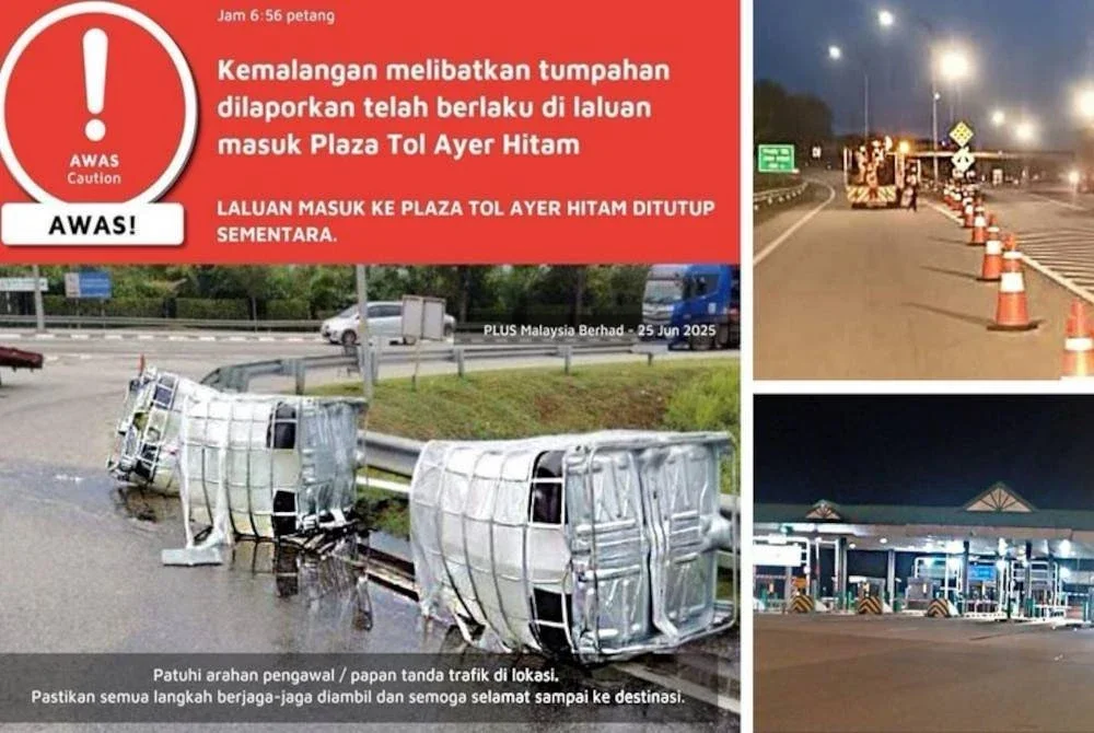 Laluan masuk ke Plaza Tol Ayer Hitam ditutup kepada semua kenderaan susulan kejadian tong mengandungi bahan kimia berbahaya dan mudah hakis terjatuh dari sebuah treler petang Rabu.