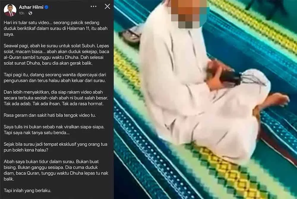 Tangkap layar hantaran Azhar yang mendakwa lelaki dihalau dari surau AJK Musolla Halaman 11, Bandar Rimbayu merupakan bapanya.