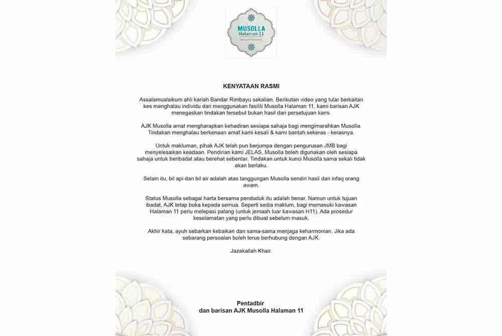 Tangkap layar kenyataan AJK Musolla Halaman 11, Bandar Rimbayu.