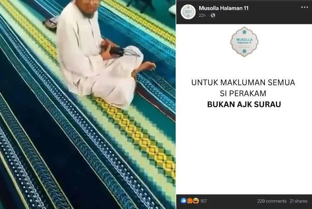Tangkap layar video tular memaparkan seorang wanita merakam dan menghalau seorang lelaki keluar dari sebuah surau dan tangkap layar hantaran Musolla Halaman 11 memaklumkan wanita terbabit bukan salah seorang AJK surau berkenaan.