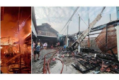 Keadaan rumah milik penduduk di Bagan Pasir Laut musnah terbakar dalam kejadian awal pagi Sabtu. Foto ihsan Bomba Perak