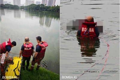 Mayat lelaki dewasa yang belum dikenal pasti identitinya ditemukan terapung di tengah-tengah tasik di Taman Tasik Danau Kota, di sini pagi Sabtu. Foto JBPM KL