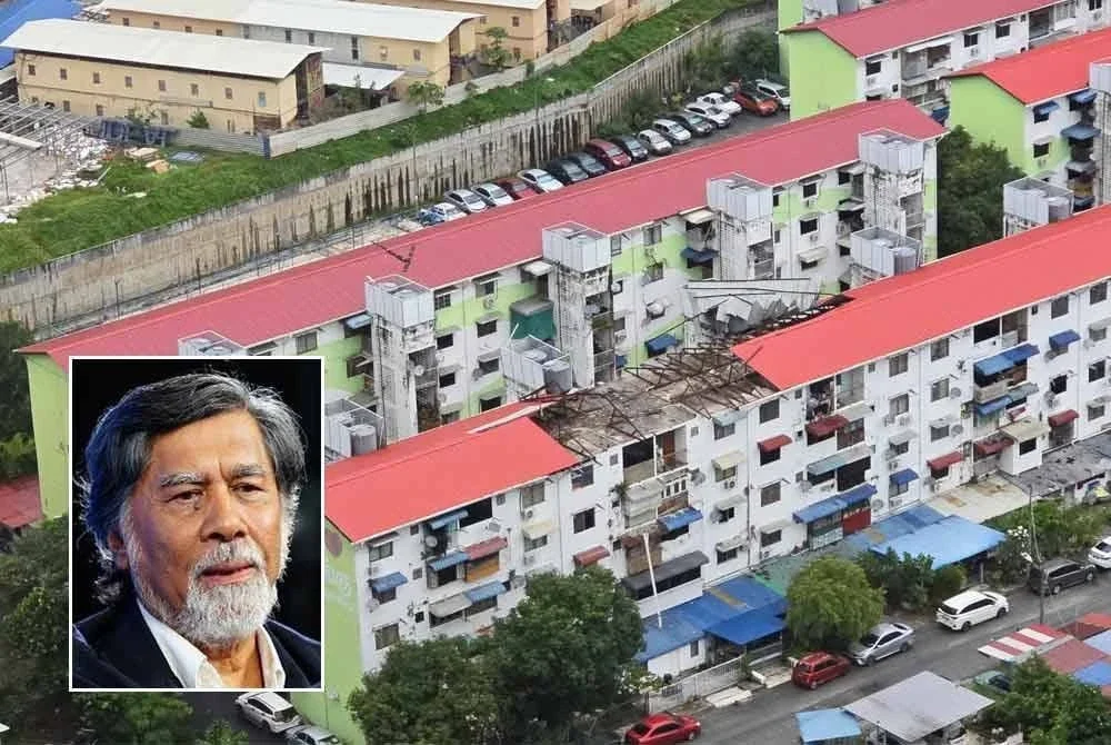 Keadaan bumbung di Flat Taman Tun Sardon yang diterbangkan angin dalam kejadian ribut awal pagi Ahad. Gambar kecil: Profesor Datuk Dr Azizan Abu Samah