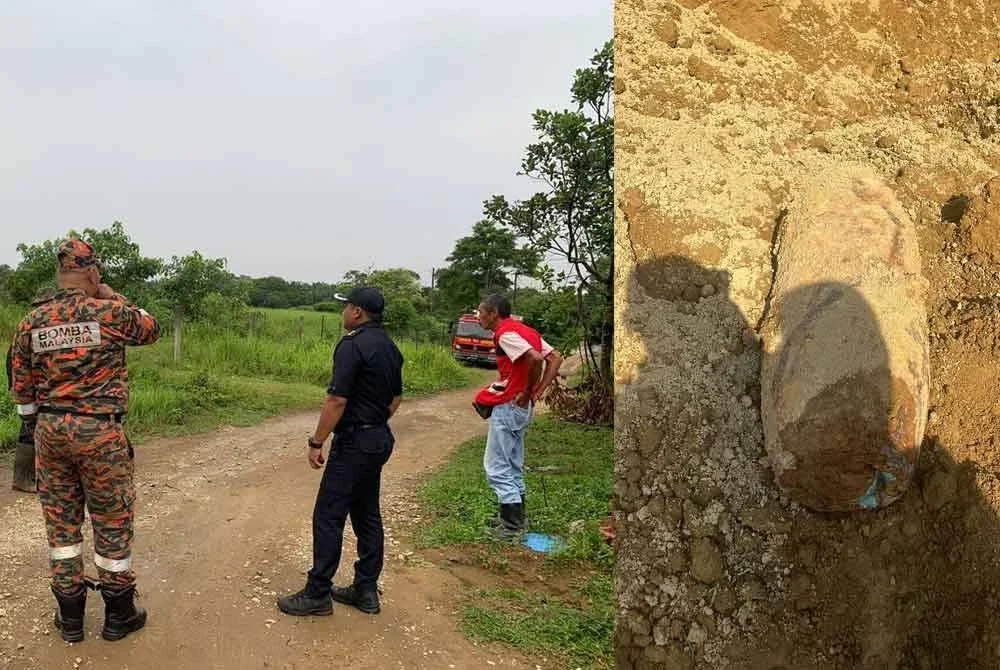 Bom lama (kanan) jenis 'aerial bomb' seberat kira-kira 250 kilogram yang ditemui di kawasan tapak projek perumahan di RTP Bukit Goh pada Selasa.