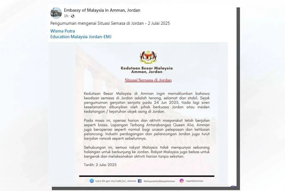 Tangkap layar kenyataan Kedutaan Besar Malaysia di Amman, Jordan di Facebooknya.