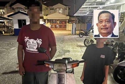 Dua pelajar ditahan selepas melakukan aksi berbahaya di kawasan Perumahan Makmur Seri Damai Jaya, Kuantan pada Selasa. Foto IPD Kuantan. (Gambar kecil: Mohd Adli)