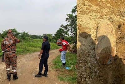 Bom lama (kanan) jenis 'aerial bomb' seberat kira-kira 250 kilogram yang ditemui di kawasan tapak projek perumahan di RTP Bukit Goh pada Selasa.
