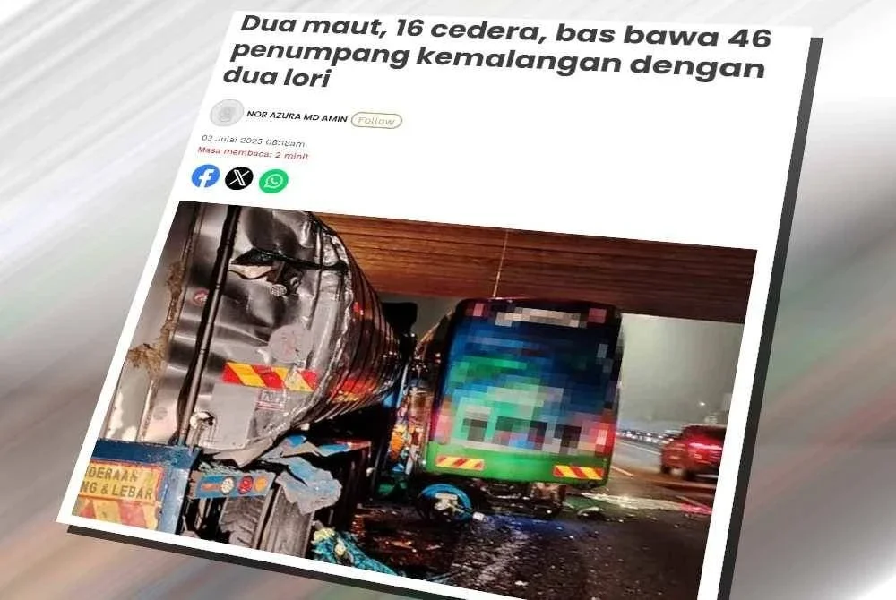 Laporan Sinar Harian mengenai dua lelaki maut manakala 16 yang lain cedera selepas bas persiaran yang dinaiki mereka terbabit dalam kemalangan di Kilometer 80.7 Lebuhraya PLUS arah selatan awal pagi Khamis.