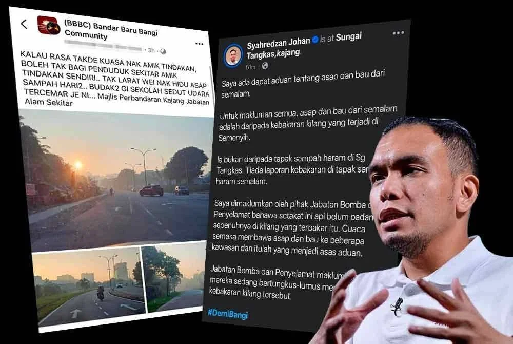 Tangkap layar aduan penduduk menerusi yang mendakwa terpaksa hidu bau asap setiap hari dan kenyataan Syahredzan menerusi Facebook pada Jumaat. Gambar kecil, Syahredzan.