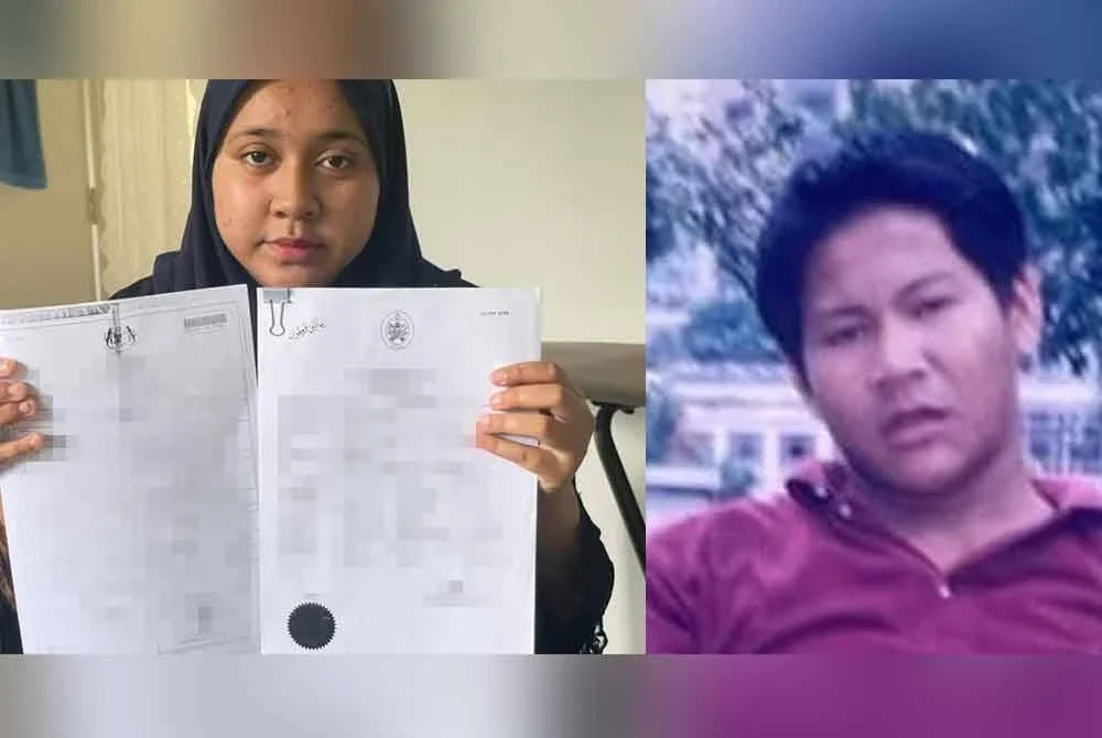 Nur Amylia Zulaikha menunjukkan sijil kelahirannya dan surat cerai ibu dan bapanya. Mohd Faiza (kanan).