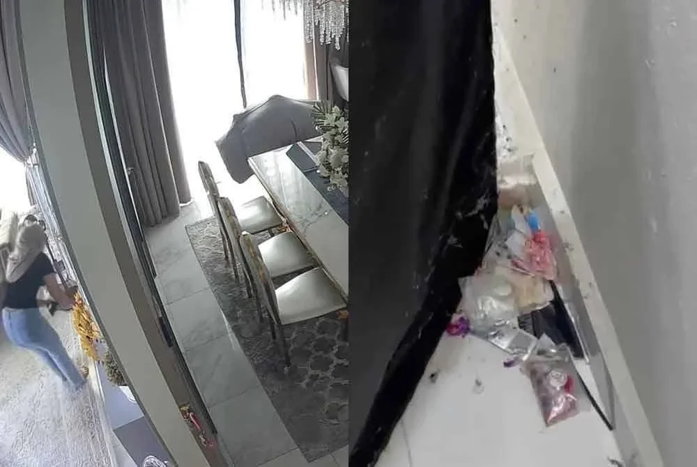 Tangkap layar CCTV mengesan pembantu rumah memakai pakaian majikannya. Gambar kanan: Keadaan bilik pembantu rumah yang kotor