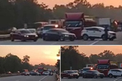 Tangkap layar video tular tiga kereta kelihatan sengaja menghalang laluan di Lebuhraya Utara-Selatan berhampiran Hentian Rehat Dan Rawat Pedas-Linggi.