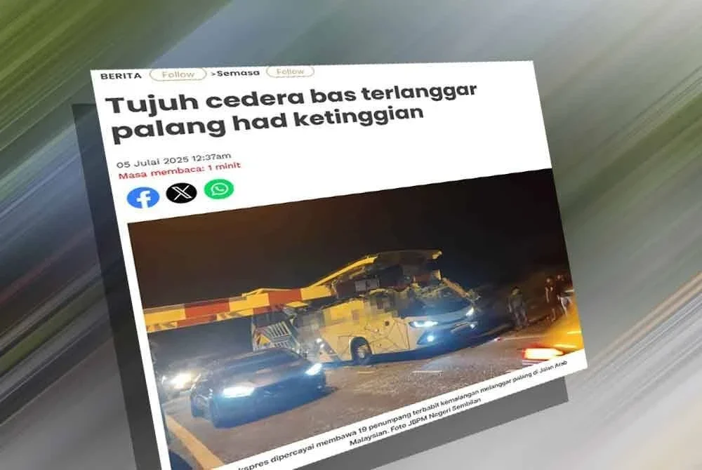 Sinar Harian pada Jumaat melaporkan tujuh individu termasuk pemandu bas cedera ringan selepas bas ekspres dinaiki mereka melanggar palang had ketinggian.