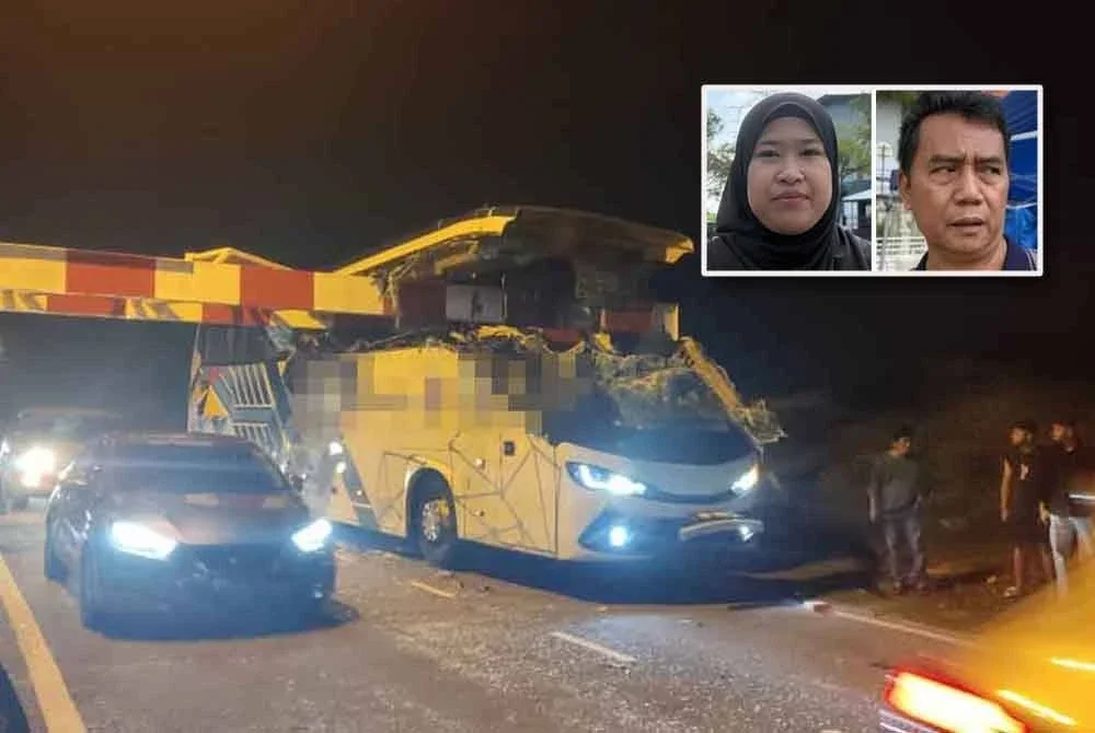 Bas ekspres dipercayai membawa 19 penumpang terbabit kemalangan melanggar palang di Jalan Arab Malaysian. Foto JBPM Negeri Sembilan (Gambar kecil: Lidiahayani dan Zulkifli)