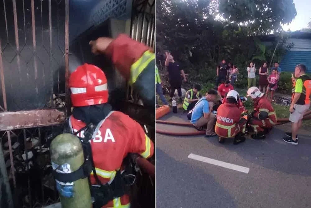 Anggota bomba memecahkan pagar bagi mengeluarkan mangsa yang terperangkap.