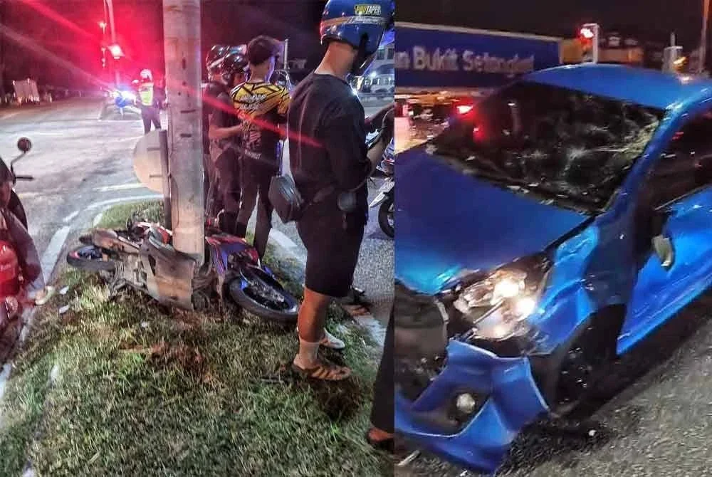 Keadaan kereta dan motosikal yang terlibat dalam kemalangan di persimpangan lampu isyarat Bukit Setongkol pada malam Sabtu. Foto ihsan pembaca