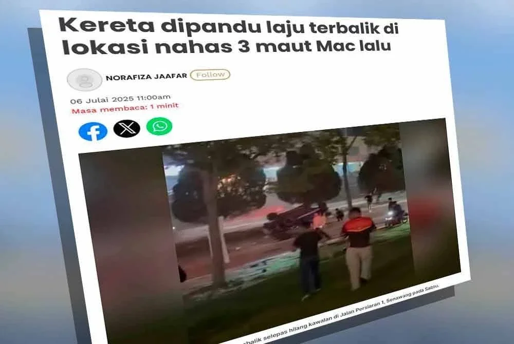 Laporan Sinar Harian mengenai kejadian kemalangan di Jalan Persiaran 1, Senawang pada malam Sabtu.