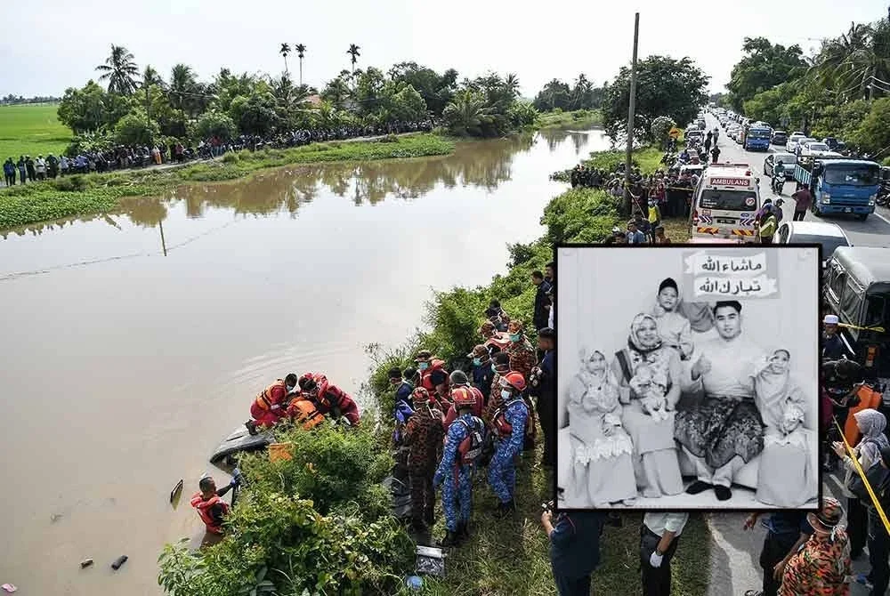 Mayat enam sekeluarga (gambar kecil) yang hilang sejak Sabtu lepas, ditemukan di dalam sebuah kereta di dalam Sungai Korok, dekat Jitra hari ini.- Foto Bernama