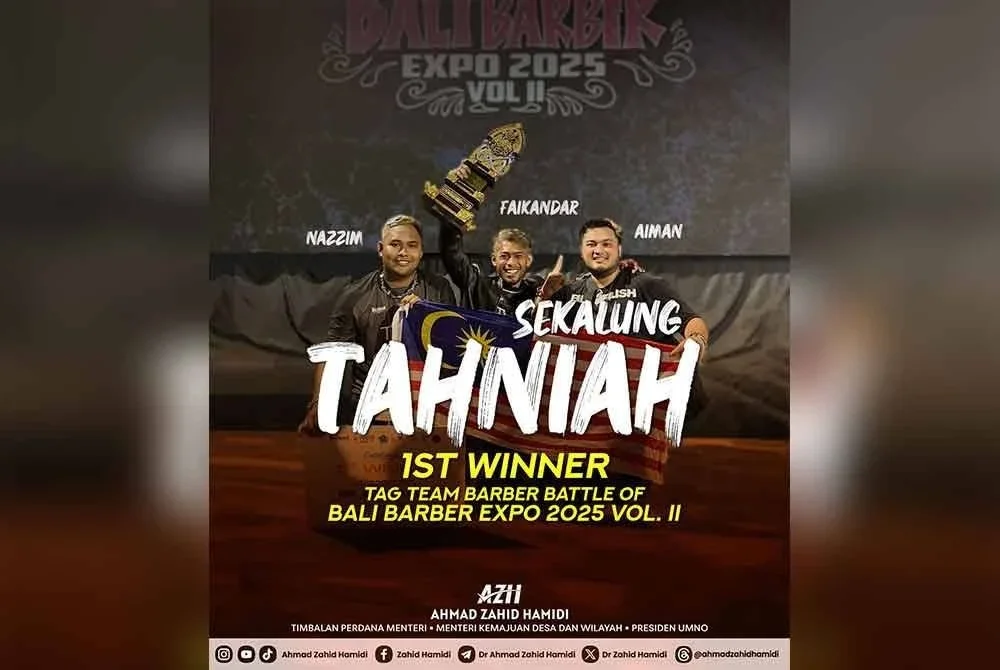 Ahmad Zahid mengucapkan tahniah kepada tiga anak muda Malaysia yang muncul juara dunia dalam pertandingan barber antarabangsa di Bali. Foto FB Zahid Hamidi