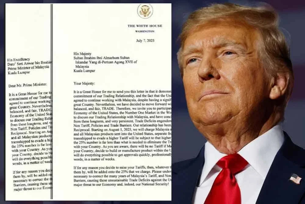 Presiden Amerika Syarikat (AS), Donald Trump mengutus dua pucuk surat rasmi kepada pimpinan tertinggi Malaysia, Perdana Menteri, Datuk Seri Anwar Ibrahim dan Yang di-Pertuan Agong, Sultan Ibrahim bagi memaklumkan pelaksanaan tarif baharu terhadap semua produk negara ini.