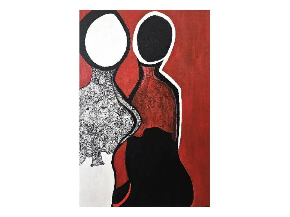 Lukisan bertajuk The Watcher Within karya Jane Mojulat mengetengahkan isu hubungan antara lelaki dan wanita yang mempunyai pelbagai konflik.