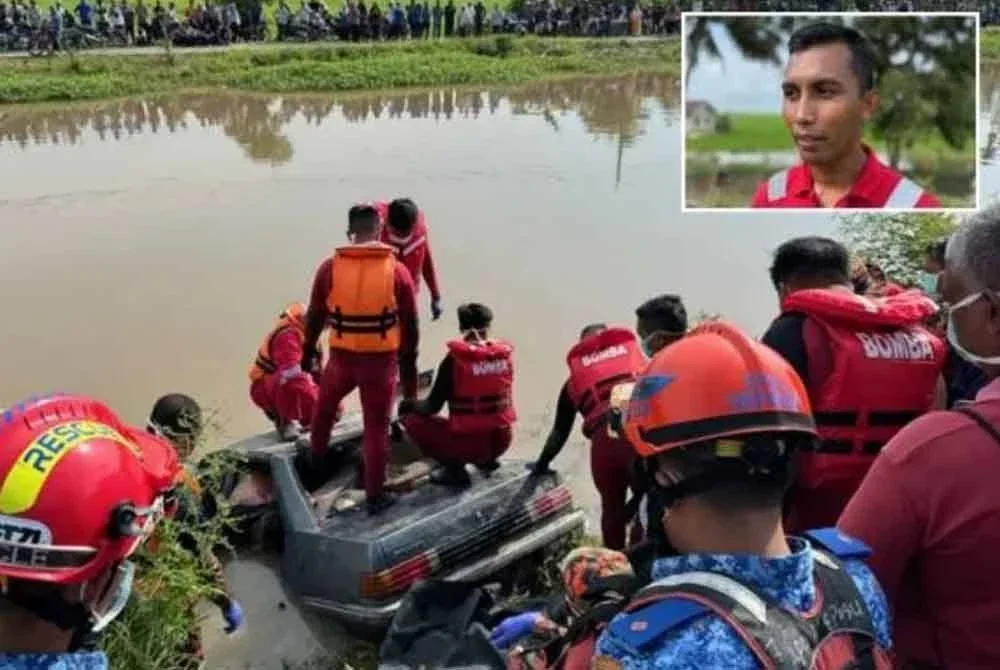 Mohammad Hasri (gambar kecil) tidak mampu menyembunyikan perasaan hiba melihat jasad enam sekeluarga dikeluarkan satu persatu dari kereta yang tenggelam di Sungai Korok, Jerlun. - Gambar Astro AWANI