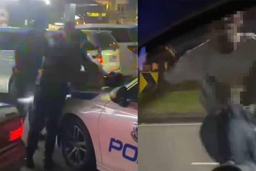 Tangkap layar video tular menunjukkan suspek menendang kereta mangsa dan polis menahannya di Gelang Patah.