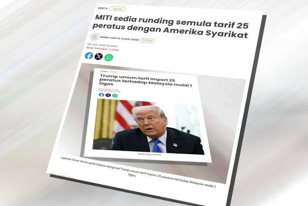 Laporan Sinar Harian berhubung kesediaan kerajaan berunding dengan AS bagi menangani isu-isu belum diselesaikan susulan keputusan negara itu mengenakan tarif balas sebanyak 25 peratus ke atas eksport Malaysia bermula 1 Ogos ini.