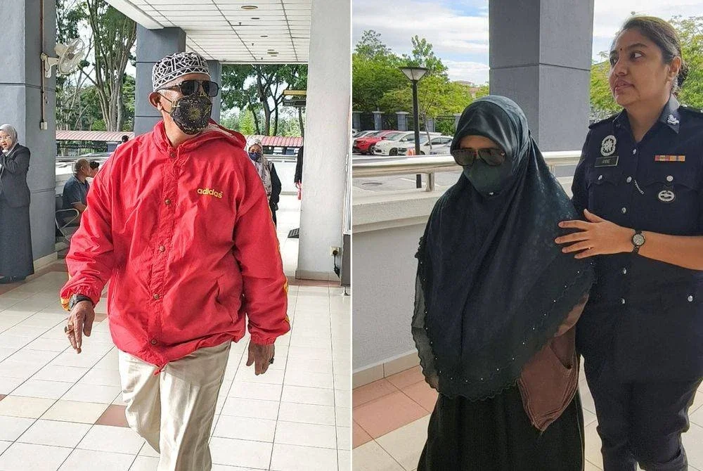 Mhd Lihan (kiri) dan Nor Nisrin hadir ke Mahkamah Sesyen Seremban dengan memakai kaca mata hitam dan pelitup muka