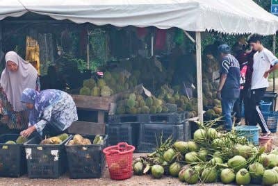 Orang ramai memilih durian di sebuah gerai di Rembau.