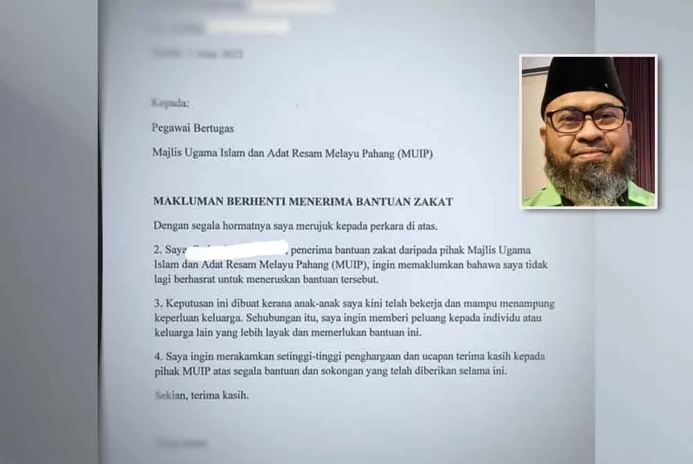 Surat makluman berhenti terima bantuan zakat yang dihantar kepada MUIP. (Gambar kecil: Asmadi)
