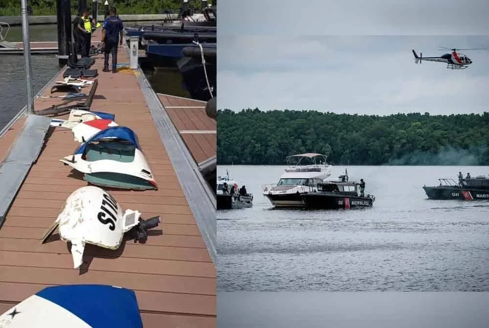 Helikopter PDRM ketika melakukan simulasi lintas hormat sempena program Latih Amal Pelbagai Hala Pengesanan Sekuriti Nuklear, Malaysia-Indonesia-Thailand-Singapura 2025 (MITSATOM 2025) sebelum terlibat dalam kemalangan berhampiran Sungai Pulai di sini hari ini. Foto Bernama