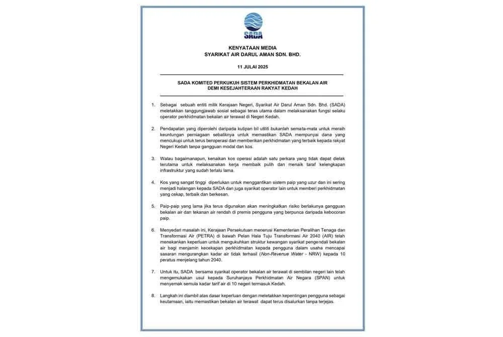 Kenyataan media SADA berhubung permohonan semakan tarif air.